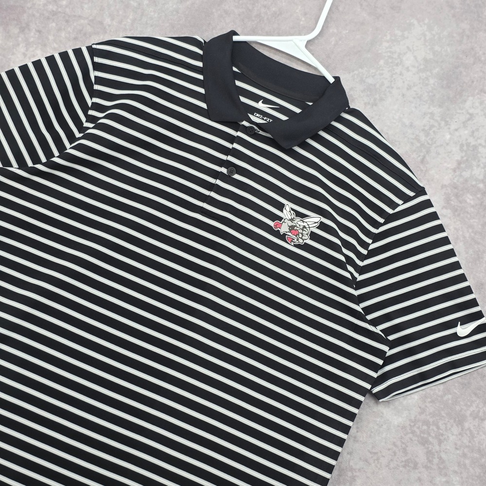 Nike Golf Polo Shirt Mens Medium Dri-FIT Striped Black White Hornet Mascot